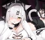  1girl animal_ears bell black_choker black_ribbon black_socks breasts cat_ears cat_girl cat_tail choker commentary_request commission ear_ribbon frilled_choker frills hair_ornament hairclip heart heart_hair_ornament indie_virtual_youtuber long_sleeves lying neck_bell on_stomach ribbon shiraberu_peace shirt skeb_commission socks solo tail the_pose tongue tongue_out twt_vv202 virtual_youtuber white_hair white_shirt wing_hair_ornament yellow_eyes 