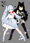  black_hair blake_belladonna blue_eyes bow dress gambol_shroud gun hair_bow handgun highres holding holding_sword holding_weapon jewelry left-handed long_hair multiple_girls myrtenaster necklace pistol ponytail rapier rwby sword weapon weiss_schnee white_hair yellow_eyes yomosaka 