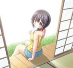  aiura arm_support bare_shoulders black_eyes black_hair blush camisole eating food long_hair looking_at_viewer looking_back low_twintails osaji0909 popsicle shorts sitting solo strap_slip twintails uehara_ayuko 