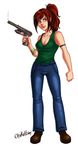  breasts cleavage clothed clothing female green_eyes gun hair human jeans mammal not_furry otakatt pants plain_background ponytail pose ranged_weapon red_hair shirt sierra_blakely solo standing tank_top weapon white_background 