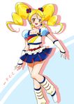  alternate_form blonde_hair blue_skirt boots bow cure_honey earrings full_body happinesscharge_precure! highres jewelry kagami_chihiro knee_boots leg_warmers long_hair magical_girl multicolored multicolored_clothes multicolored_skirt oomori_yuuko popcorn_cheer precure puffy_sleeves skirt smile solo twintails wrist_cuffs yellow_eyes 