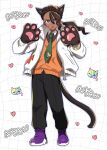  1boy animal_ears animal_hands black_pants brown_hair cat_boy cat_ears cat_paws cat_tail claws collared_jacket collared_shirt commentary_request dark-skinned_male dark_skin facing_viewer full_body genkaichan_v gloves green_necktie grid_background heart highres jacket kemonomimi_mode long_sleeves low_ponytail male_focus naveen_(pokemon) necktie nyan orange_sweater_vest pants paw_gloves pawpads pokemon pokemon_legends:_z-a ponytail purple_eyes purple_shoes shirt shoes solo sweater_vest tail white_background white_jacket 