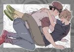  2boys arms_around_neck backwards_hat baseball_cap ben-day_dots black_shirt blue_oak blue_pants blush brown_eyes brown_hair closed_eyes closed_mouth collared_shirt commentary_request denim from_side full_body grey_pants hat highres jeans kneeling leg_lock legs_up looking_at_another male_focus medium_sideburns multiple_boys open_mouth pants parted_bangs pk_rgr96 pokemon pokemon_sm red_(pokemon) red_hat red_shoes screentones shirt shoes short_sleeves sideburns smile spiked_hair t-shirt yaoi 