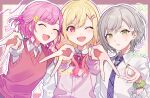  3girls :d ^_^ blonde_hair blue_nails bow bowtie cardigan character_name closed_eyes collared_shirt commentary_request dated_commentary double-parted_bangs emoji_hair_ornament fingernails gradient_hair green_eyes green_nails green_scrunchie grey_hair grey_nails grid_background gyaru gyaru_v hair_ornament hair_scrunchie hairclip hinomori_shiho kikutouji kogal long_sleeves multicolored_hair multiple_girls nail_art nail_polish necktie ok_sign one_eye_closed ootori_emu open_mouth outline outstretched_arm outstretched_arms parted_bangs pink_bow pink_bowtie pink_cardigan pink_hair pink_scrunchie pink_sweater_vest plaid_bow plaid_bowtie plaid_clothes plaid_necktie project_sekai purple_nails purple_necktie purple_outline rabbit_hair_ornament red_eyes school_uniform scrunchie shirt short_hair small_sweatdrop smile squiggle sweater_vest tenma_saki v v-neck white_mouth white_shirt wing_collar wrist_scrunchie x_hair_ornament yellow_scrunchie 