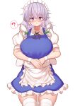  1girl :o ? apron black_ribbon blue_dress blue_eyes blush braid braided_sidelock breasts breath commentary_request cowboy_shot dress frilled_apron frills grey_hair heart heart-shaped_pupils highres izayoi_sakuya large_breasts looking_at_viewer maid maid_apron maid_headdress medium_hair neck_ribbon nose_blush own_hands_together partial_commentary puffy_short_sleeves puffy_sleeves ribbon short_sleeves solo spoken_question_mark sweatdrop symbol-shaped_pupils thighhighs tksand touhou waist_apron white_apron white_thighhighs wrist_cuffs 