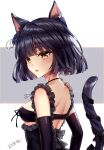  1girl absurdres animal_ear_fluff animal_ears backless_dress backless_outfit black_bow black_dress black_hair black_ribbon blue_flower bow breasts brown_eyes cat_ears cat_girl cat_tail commentary_request dress flower grey_background hair_flower hair_ornament highres looking_to_the_side medium_breasts omoomomo original parted_lips ribbon short_hair signature solo tail tail_bow tail_ornament tail_ribbon two-tone_background white_background 
