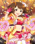  artist_request bracelet brown_eyes brown_hair confetti earrings gloves heart idolmaster idolmaster_cinderella_girls jewelry microphone nagatomi_hasumi official_art red_gloves smile solo thighhighs twintails white_legwear 