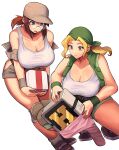  2girls bandana bare_shoulders belt bent_over blonde_hair box breasts brown_belt brown_hair brown_hat brown_shoes brown_shorts brown_vest cleavage closed_mouth collarbone commentary_request field_cap fio_germi gift gift_box glasses green_bandana green_vest hat highres holding holding_gift huge_breasts kasamoto_eri knee_pads madsensei metal_slug multiple_girls off_shoulder open_clothes open_mouth open_vest rimless_eyewear shoes short_shorts shorts simple_background small_sweatdrop squatting standing tank_top vest white_background white_tank_top 