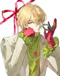  absurdres aventurine_(honkai:_star_rail) blazer blonde_hair chain chain_necklace chinese_commentary commentary_request crossed_bangs elbow_gloves fashion frilled_shirt_collar frilled_sleeves frills gem gloves green_jacket green_shirt hair_between_eyes hand_on_own_face hands_up highres holding holding_mask honkai:_star_rail honkai_(series) jacket jewelry lapels long_sleeves looking_at_viewer making-of_available mask medium_hair necklace notched_lapels photo-referenced purple_eyes qingzhi_cyanide red_gem red_gloves red_ribbon ribbon shirt simple_background smile upper_body white_background 