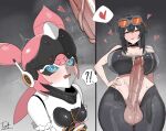 !? 2girls absurdres black_hair black_pants blue_eyes blush breasts closed_mouth clothes_pull commentary english_commentary erection futa_with_female futanari goggles goggles_on_head grace_howard hand_on_own_hip heart highres huge_breasts huge_penis large_testicles looking_at_penis multiple_girls open_mouth orange_eyes pants pants_pull penis penis_awe pink_hair precum robot_girl spoken_heart tea220622 testicles uncensored veins veiny_penis yutane_johiel zenless_zone_zero 