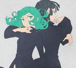  back-to-back black_dress black_hair blue_eyes closed_mouth curly_hair dress expressionless fighting_stance fubuki_(one-punch_man) green_eyes green_hair multiple_girls one-punch_man siblings simple_background sisters tatsumaki 