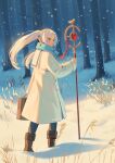  1girl bird blue_scarf boots coat commentary earrings elf forest frieren from_side full_body green_eyes highres holding jewelry long_hair mage_staff nature outdoors parted_bangs pointy_ears scarf snowing solo sousou_no_frieren staff suitcase teardrop_earrings twintails walking wernope white_coat white_hair 