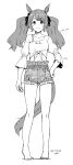  1girl animal_ears bare_legs barefoot bra_strap closed_mouth commentary_request cutoffs dated denim denim_shorts dot_nose ear_ornament ear_piercing frills full_body greyscale hair_ribbon hand_on_own_hip high-waist_shorts highres horse_ears horse_girl horse_tail kawashina_(momen_silicon) long_hair looking_at_viewer midriff monochrome nail_polish official_alternate_costume piercing ribbon shirt short_shorts shorts signature simple_background single_bare_shoulder smile solo standing straight-on swept_bangs tail tareme three-quarter_sleeves tied_shirt tiptoes tosen_jordan_(casual)_(umamusume) tosen_jordan_(umamusume) twintails umamusume white_background wide_sleeves 