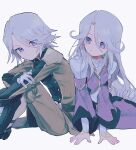  1boy 1girl armor back-to-back boots closed_mouth coat commentary_request dios_bandi dress earrings gloves green_coat green_pants grey_hair hair_between_eyes hands_on_ground highres hugging_own_legs jewelry looking_at_another meltia_bandi nancykittyu pants purple_dress purple_eyes short_hair shoulder_armor simple_background sitting smile tales_of_(series) tales_of_phantasia tales_of_phantasia:_narikiri_dungeon white_background white_gloves 