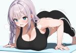  1girl absurdres all_fours ass black_pants black_sports_bra blush breasts cleavage commentary_request exercising green_eyes grey_hair highres hololive hololive_indonesia inconvenient_breasts large_breasts midriff otokucha pants parted_lips pavolia_reine purple_hair push-ups simple_background solo sports_bra sweat virtual_youtuber white_background yoga_pants 
