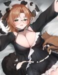  1girl alicja_da_lontano animal_ears babydoll black_babydoll black_choker breasts brown_hair cat choker cleavage commentary covered_navel cow_ears cow_girl cow_horns cow_tail english_commentary frilled_choker frills glasses globie green_eyes highres horns large_breasts round_eyewear second-party_source tail twt_vv202 virtual_youtuber 