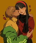  2girls ^_^ amagi_yukiko arm_around_shoulder black_hair black_scarf brown_hair closed_eyes green_jacket hairband hand_on_another's_shoulder heart highres jacket long_hair mei_(manjunii) multiple_girls off_shoulder persona persona_4 red_hairband red_sweater satonaka_chie scarf short_hair smile sweater turtleneck turtleneck_sweater upper_body yellow_background yellow_sweater yuri 