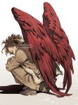  1boy boku_no_hero_academia brown_hair brown_jacket brown_pants ear_protection feathered_wings feathers forked_eyebrows fur-trimmed_jacket fur_trim hawks_(boku_no_hero_academia) jacket kadeart looking_at_viewer male_focus one_eye_closed pants red_feathers short_hair solo squatting superhero_costume wings 