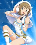  artist_request blue_background boots breasts brown_hair capelet cleavage earmuffs fingerless_gloves fur fur_trim gloves green_eyes hood idolmaster idolmaster_cinderella_girls jpeg_artifacts knee_boots looking_at_viewer medium_breasts microphone official_art open_mouth overalls single_glove smile solo sparkle strap_slip tada_riina tank_top thigh_strap white_gloves white_legwear winter_clothes wristband 