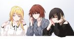  3girls black_hair black_sweater blonde_hair blonde_streaks blue_shirt brown_hair character_request closed_eyes collared_shirt commentary_request earphones highres idolmaster idolmaster_shiny_colors ikaruga_luca jewelry landel long_hair long_sleeves medium_hair multicolored_hair multiple_girls ring shared_earphones shirt simple_background spiked_ear_piercing streaked_hair striped_clothes striped_shirt sweater two-tone_hair vertical-striped_clothes vertical-striped_shirt white_background white_shirt yellow_eyes 