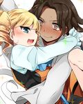  1girl blonde_hair blue_eyes blush brown_eyes dark_skin drill_hair gundam gundam_build_fighters hairlocs hoshihuri long_sleeves nils_nielsen puffy_long_sleeves puffy_sleeves short_hair smile sweat yajima_caroline 