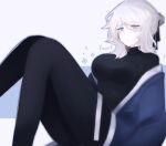  1girl :| absurdres alternate_costume black_pants black_pantyhose black_ribbon black_shirt blade_lineage_(identity)_(project_moon) blue_eyes blush_stickers breasts character_name closed_mouth commentary english_commentary faust_(project_moon) fufiich hair_bun hair_ornament hair_ribbon highres japanese_clothes kimono limbus_company looking_at_viewer medium_breasts medium_hair open_clothes open_kimono pants pantyhose project_moon ribbon scar scar_across_eye scar_on_face shirt simple_background sitting turtleneck turtleneck_shirt undershirt white_hair 