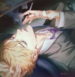  1boy between_fingers blonde_hair blowing_smoke brown_eyes chair cigarette collared_shirt commentary english_commentary grey_suit haekchi highres holding holding_cigarette male_focus mismatched_eyebrows mob_psycho_100 necktie office_chair on_chair purple_necktie reigen_arataka shirt short_hair sitting smoke solo suit swivel_chair twitter_username white_shirt 