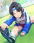  ;d artist_request black_hair grass gym_shorts gym_uniform headband idolmaster idolmaster_cinderella_girls jacket mizuno_midori official_art one_eye_closed open_clothes open_jacket open_mouth pink_eyes shoes shorts smile sneakers solo stretch track_jacket 