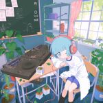  1girl absurdres blue_eyes blue_hair blue_shorts chair chalkboard classroom commentary_request curtains desk flower_pot gym_uniform headphones highres indoors lab_coat legs_together mixing_console one_eye_closed original parted_lips plant potted_plant school_chair school_desk shelf shirt shorts sitting solo vines watering_can white_shirt window wotoha wotoha_(character) 