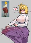  1girl absurdres antenna_hair arcueid_brunestud blonde_hair blush breasts bulge commentary cum cum_in_clothes erection figure futanari grey_background hand_on_own_penis heart highres huge_penis large_breasts long_skirt long_sleeves looking_at_viewer melty_blood_arcueid_figure_(meme) meme penis purple_skirt red_eyes reference_inset see-through_clothes see-through_skirt see-through_sweater shangdong short_hair sketch skirt smile spoken_heart sweater tsukihime turtleneck turtleneck_sweater veins veiny_penis white_sweater 