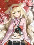  1girl animal_ears apron arknights black_hakama blonde_hair commentary_request flower fox fox_ears fox_girl fox_tail frilled_apron frills green_eyes hair_ornament hairband hakama hakama_skirt japanese_clothes kimono kitsune kyuubi long_hair long_sleeves multiple_tails official_alternate_costume oil-paper_umbrella on_lap paid_reward_available partial_commentary pink_kimono pinwheel red_hairband red_umbrella shironekoban sitting skirt solo suzuran_(arknights) suzuran_(yukibare)_(arknights) tail umbrella waist_apron white_apron wide_sleeves 