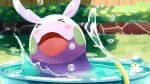  beak bush closed_eyes commentary_request goomy grass hidamarieart hose no_humans open_mouth pokemon pokemon_(creature) pool quaxly rubber_duck slug smile water water_drop 