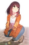  1girl absurdres blue_pants blush brown_hair brown_shoes closed_mouth collarbone commentary_request denim hands_in_pockets highres jacket jeans lens long_hair long_sleeves orange_jacket pants shirt shoes signature simple_background smile solo squatting tile_floor tiles toki_ayano white_background white_shirt yas_(yosiyasuyasu) yellow_eyes yurucamp 