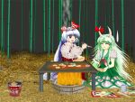  bamboo bamboo_forest bow bucket chopsticks closed_eyes commentary_request dress eating feeding fire forest frog fujiwara_no_mokou green_dress green_hair holding holding_chopsticks horns in_bucket in_container kamishirasawa_keine kamishirasawa_keine_(hakutaku) kams knife nature open_mouth pants red_bow red_eyes red_pants shirt sitting smile smoke stove suspenders sweatdrop touhou white_hair white_shirt zun_(style) 