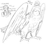 alternate_species avian avian_taur breasts clothed clothing digital_media_(artwork) duo edward_(starfleetrambo) english_text feathers female hair human male mammal monochrome nude oskar_(starfleetrambo) simple_background siren siren_and_scientist sketch starfleetrambo taur taurified text trans_(lore) trans_man_(lore) wings