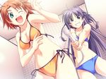  2girls bare_shoulders bath bathbare_shoulders blue_eyes braid breasts brown_hair clenched_teeth game_cg green_eyes happy highres legs long_hair medium_breasts multiple_girls open_mouth purple_hair short_hair smile standing takeya_masami te_to_te_try_on teeth thighs wince 