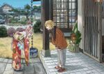  1boy 1girl absurdres architecture bag black_socks black_sweater blonde_hair bowing brown_jacket closed_eyes commentary_request doorway earrings east_asian_architecture facing_another floral_print floral_print_kimono flower from_side grey_hair grey_pants hair_flower hair_ornament hanten_(clothes) highres holding holding_bag jacket japanese_clothes jewelry kanzashi kikumon kimono koze_niire long_sleeves makaino_ririmu nijisanji obi obiage obijime open_mouth outdoors outstretched_arms pants pink_streaks pointy_ears print_kimono red_kimono sandals sash seigaiha shawl short_hair shouji single_sock sliding_doors socks standing stuffed_toy stuffed_unicorn sweater tabi tsumami_kanzashi twintails uzuki_kou white_shawl wide_shot window zouri 