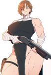  1girl breasts brown_hair closed_eyes commentary cowboy_shot cross cross_necklace english_commentary gun highres holding holding_gun holding_weapon jewelry large_breasts muscular muscular_female necklace no_panties nun original pouch pump_action short_hair shotgun simple_background smile solo spoiledmuffin thigh_pouch weapon white_background 
