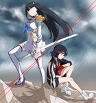  bakuzan black_hair boots dress epaulettes fingerless_gloves gloves gundam gundam_wing jacket junketsu kill_la_kill kiryuuin_satsuki letterman_jacket long_hair matoi_ryuuko multicolored_hair multiple_girls parody senketsu shoes short_hair sitting sneakers standing streaked_hair sukajan sword takeya_yuuki thigh_boots thighhighs weapon 