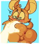 2025 anthro anus artist_name balls bananapop bat big_butt black_eyes black_nose blush blush_lines bodily_fluids butt butt_grab canid canine canis chikn_nuggit chikn_nuggit_(chikn_nuggit) chikn_nuggit_(true_form) deity digital_media_(artwork) domestic_dog duo eastern_red_bat eyewear fangs flustered fur genitals glasses glistening glistening_body glistening_fur green_eyewear green_glasses hair hand_on_butt hi_res looking_back low-angle_view male male/male mammal onyn_ring_(chikn_nuggit) orange_body orange_ears orange_fur orange_hair orange_sclera orange_tail penis rear_view sharp_teeth shirt_collar short_tail small_balls small_penis spread_butt spreading sweat tail teeth text thick_thighs three-quarter_view yellow_body yellow_fur