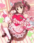  arm_ribbon bare_shoulders brown_eyes brown_hair clover cushion detached_sleeves dress four-leaf_clover frilled_skirt frills hair_ornament heart idolmaster idolmaster_cinderella_girls jpeg_artifacts kneehighs lace legs_folded light_smile looking_at_viewer mary_janes neck_ribbon object_hug official_art ogata_chieri patterned_background ribbon shoes skirt solo twintails 