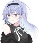  1girl 283_mei absurdres bare_shoulders black_hairband black_jacket black_shirt blue_hair blush cometik_note_(idolmaster) commentary floating_hair hairband highres idolmaster idolmaster_shiny_colors jacket jacket_partially_removed light_smile long_hair looking_at_viewer neck_ribbon official_alternate_costume purple_eyes ribbon shirt signature simple_background sleeveless sleeveless_shirt solo suzuki_hana upper_body white_background white_ribbon 