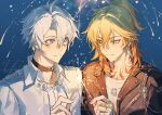  2boys absurdres antenna_hair black_collar black_jacket blonde_hair blue_eyes braid collar collared_shirt commission dog_tags earrings facial_tattoo gold_earrings gradient_hair hashtag-only_commentary highres holding holding_fireworks honkai:_star_rail honkai_(series) jacket jewelry leather leather_jacket male_focus medium_hair multicolored_hair multiple_boys mydei_(honkai:_star_rail) neck_tattoo night parted_bangs phainon_(honkai:_star_rail) red_hair red_tattoo shirt short_hair side_braid tattoo watermark white_hair white_shirt yellow_eyes yinbai 