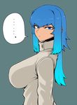  1girl blue_eyes blue_hair breasts gradient_hair grey_background huge_breasts impossible_clothes long_hair multicolored_hair original ponytail profile sidelocks simple_background solo space_jin tsurime zoe_(space_jin) 