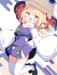  1girl :d absurdres animal_print arms_at_sides black_shoes blonde_hair blush brown_hat commentary_request darumoon frog_print full_body hair_ribbon hands_up hat high-waist_skirt highres legs_up long_sleeves looking_at_viewer medium_hair moriya_suwako purple_skirt purple_vest red_ribbon ribbon shirt shoes skindentation skirt sleeves_past_fingers sleeves_past_wrists smile solo teeth thighhighs touhou turtleneck turtleneck_shirt upper_teeth_only vest white_shirt white_thighhighs yellow_eyes 