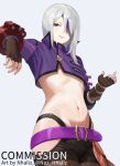  1girl belt black_shorts bracer breasts brown_gloves brown_pantyhose commentary english_commentary eyepatch fingerless_gloves fishnet_pantyhose fishnets gina_dickinson gloves god_eater god_eater_2:_rage_burst highres long_hair long_sleeves looking_at_viewer navel nhaliz pantyhose purple_eyes purple_shrug shorts shrug_(clothing) small_breasts smile solo white_hair 
