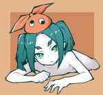 1girl akableak green_eyes hat highres looking_at_viewer lying monogatari_(series) nude on_stomach ononoki_yotsugi solo twintails 