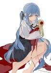 1girl absurdres bang_dream! bang_dream!_it's_mygo!!!!! bare_legs barefoot black_ribbon black_skirt blonde_hair blue_hair closed_mouth collared_shirt commentary_request doll dress feet_out_of_frame flower furrowed_brow hair_flower hair_ornament hair_ribbon high-waist_skirt highres hugging_doll hugging_object knees_together_feet_apart light_frown long_dress long_hair long_sleeves looking_at_viewer miniskirt neck_ribbon one_side_up origami42169025 profile puffy_long_sleeves puffy_sleeves red_dress red_eyes ribbon shirt sidelocks simple_background sitting skirt solo togawa_sakiko togawa_sakiko's_doll very_long_hair white_background white_shirt wing_collar yellow_eyes 