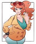  1girl aqua_eyes aqua_nails aqua_shirt black-framed_eyewear breasts brown_coat cleavage coat collarbone denim eyewear_on_head grin hair_ornament hand_on_own_hip hand_up heart heart_hair_ornament highres jeans leaning_forward long_hair medium_breasts orange-tinted_eyewear orange_hair pants pokemon pokemon_swsh ribbed_shirt scruffyturtles shirt side_ponytail side_ponytail_with_hair_base smile solo sonia_(pokemon) sunglasses swept_bangs tinted_eyewear v-neck 