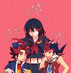  2boys :o ;o ahoge banchii black_hair closed_eyes color_connection commentary_request crossover eyebrows forked_eyebrows future_card_buddyfight grin hair_color_connection hand_on_another's_head jacket kill_la_kill matoi_ryuuko midriff mikado_gaou multicolored_hair multiple_boys navel one_eye_closed pink_background red_eyes red_hair school_uniform senketsu serafuku short_hair smile spiked_hair streaked_hair suspenders translation_request tsukumo_yuuma two-tone_hair yellow_eyes yuu-gi-ou yuu-gi-ou_zexal 